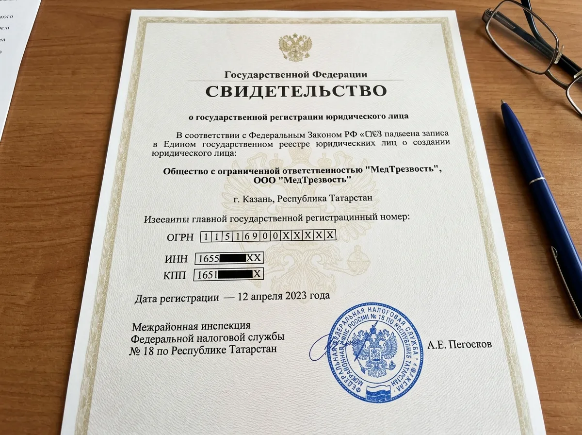 Свидетельство о государственной регистрации юридического лица ООО МедТрезвость Казань, официальный документ ИФНС, синяя печать налоговой службы