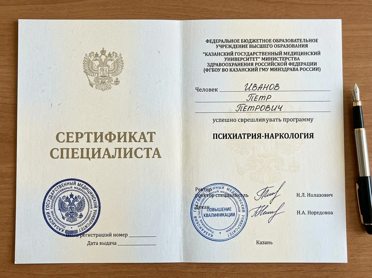 Сертификат специалиста врача-нарколога Минздрава России, документ о повышении квалификации, гербовая печать медицинского университета, Казань